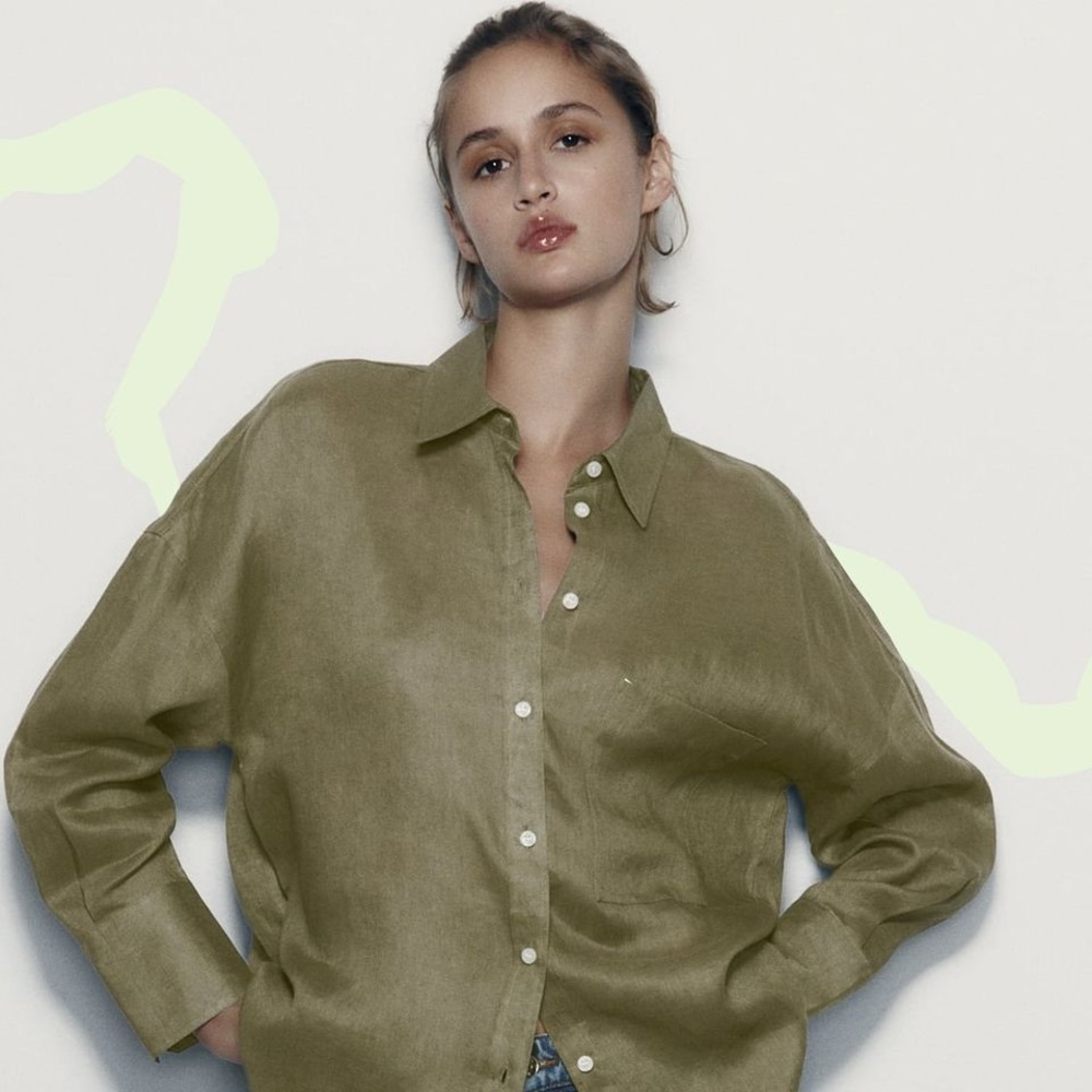 Zara  100% linen Khaki Women's Button-Down Shirt